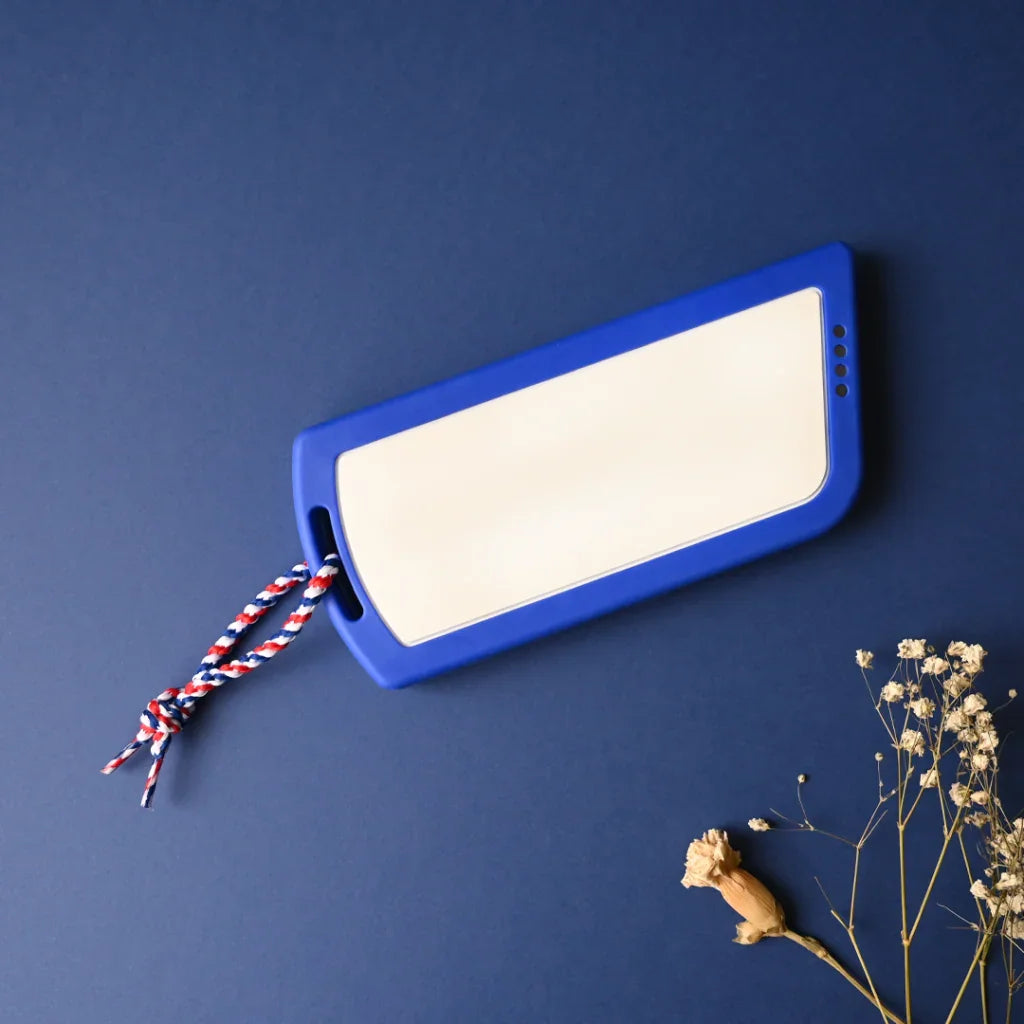 Batterie externe bleue rectangulaire avec corde tricolore sur fond bleu, fleurs séchées