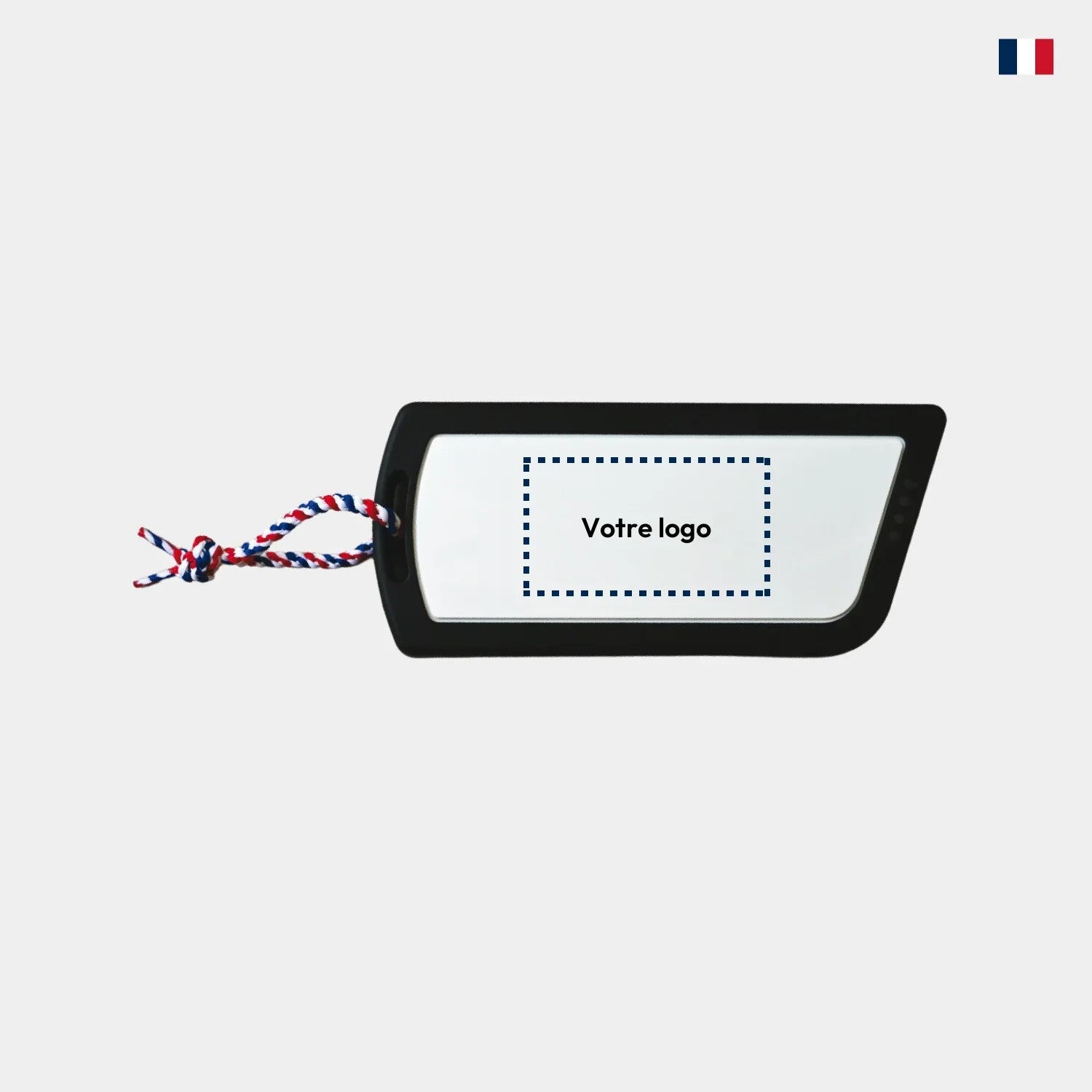 Batterie externe rectangulaire personnalisable avec cordon tricolore, fond blanc épuré.