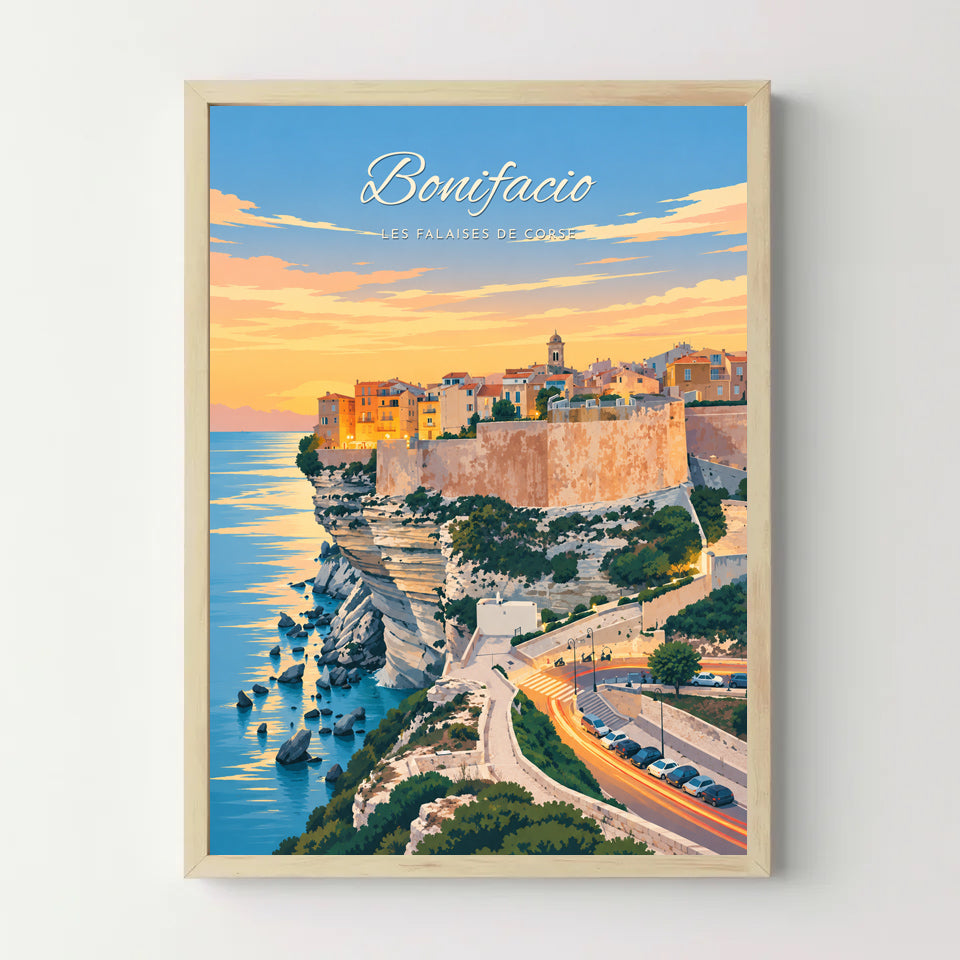 Affiche Bonifacio – Les falaises de Corse — cadre bois