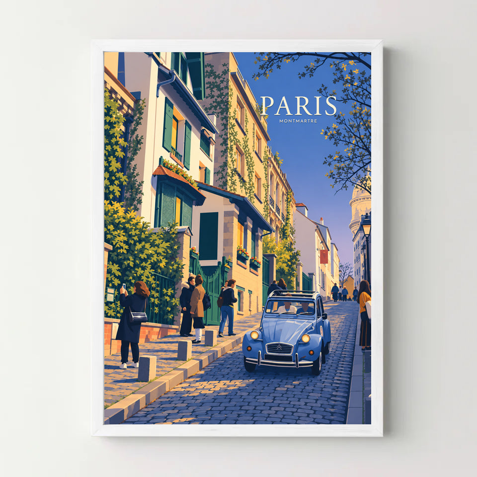 Affiche Paris Montmartre – Balade en 2CV — cadre blanc