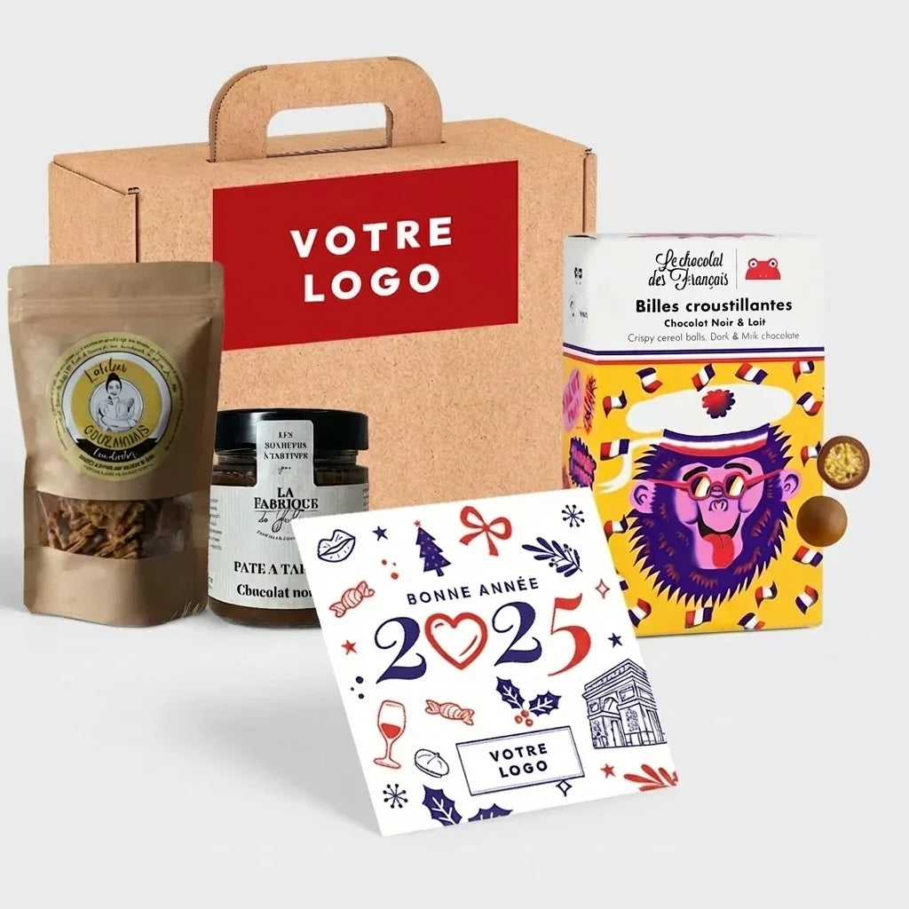 Coffret cadeau gourmand avec chocolats, pâte à tartiner, carte Bonne Année 2025 personnalisée.