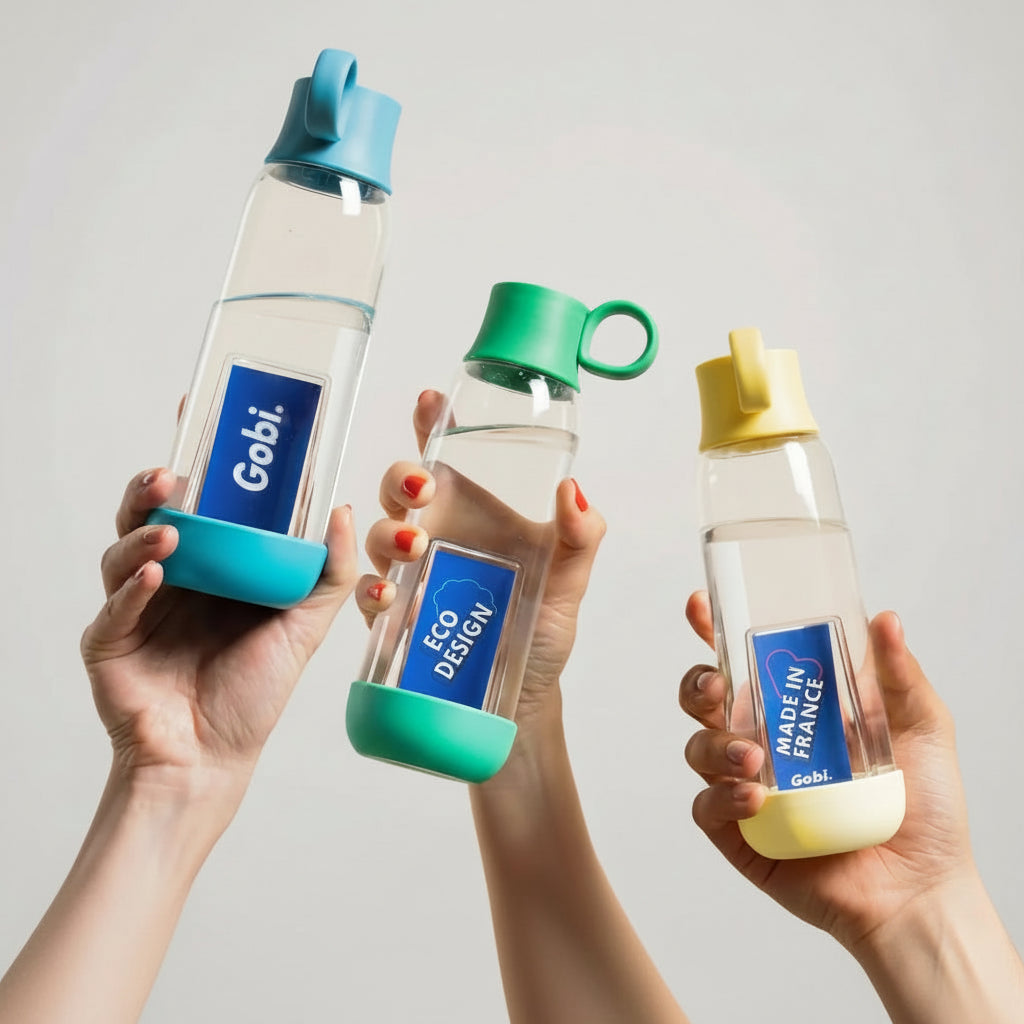 Trois gourdes réutilisables colorées, tenues à la main, fond neutre, éco-responsable.