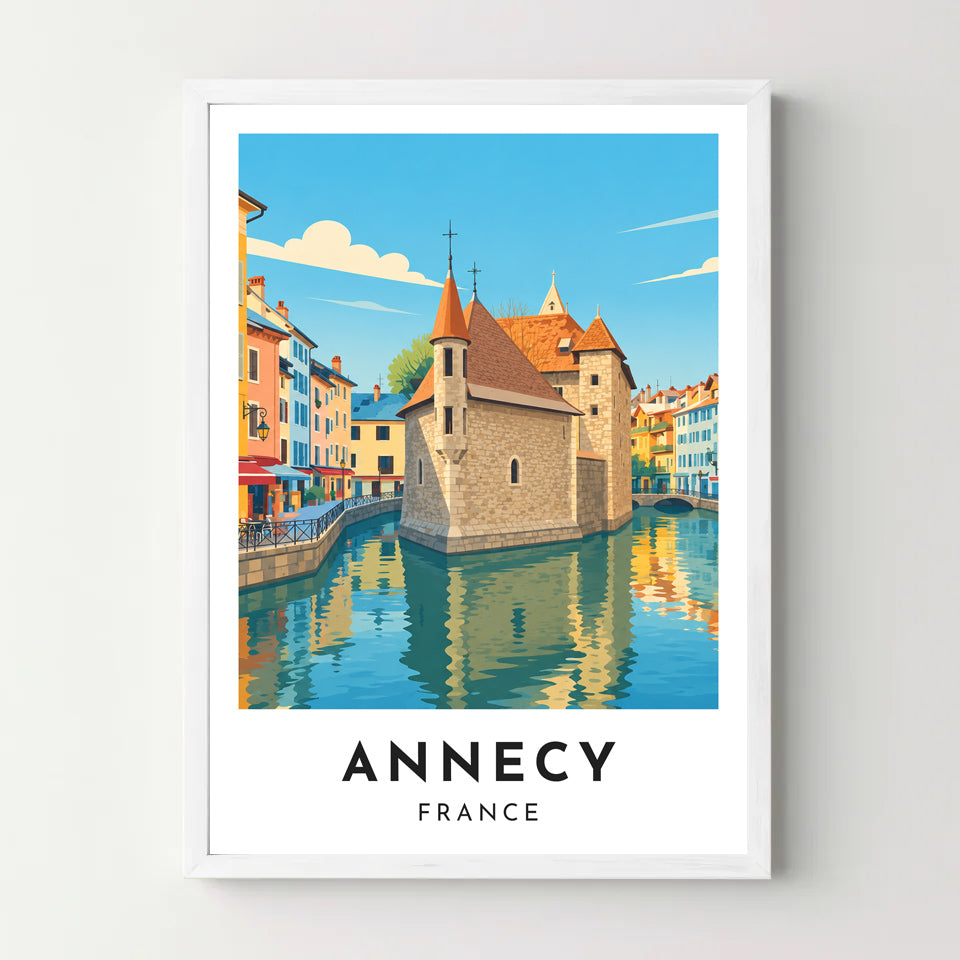 Affiche Annecy – Le Palais de l’Île et le Thiou – cadre blanc