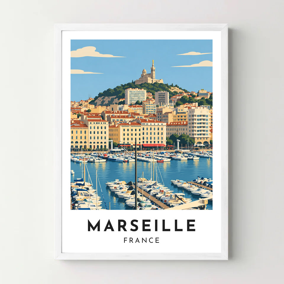 Affiche Marseille – Le Vieux-Port et la Bonne Mère – cadre blanc
