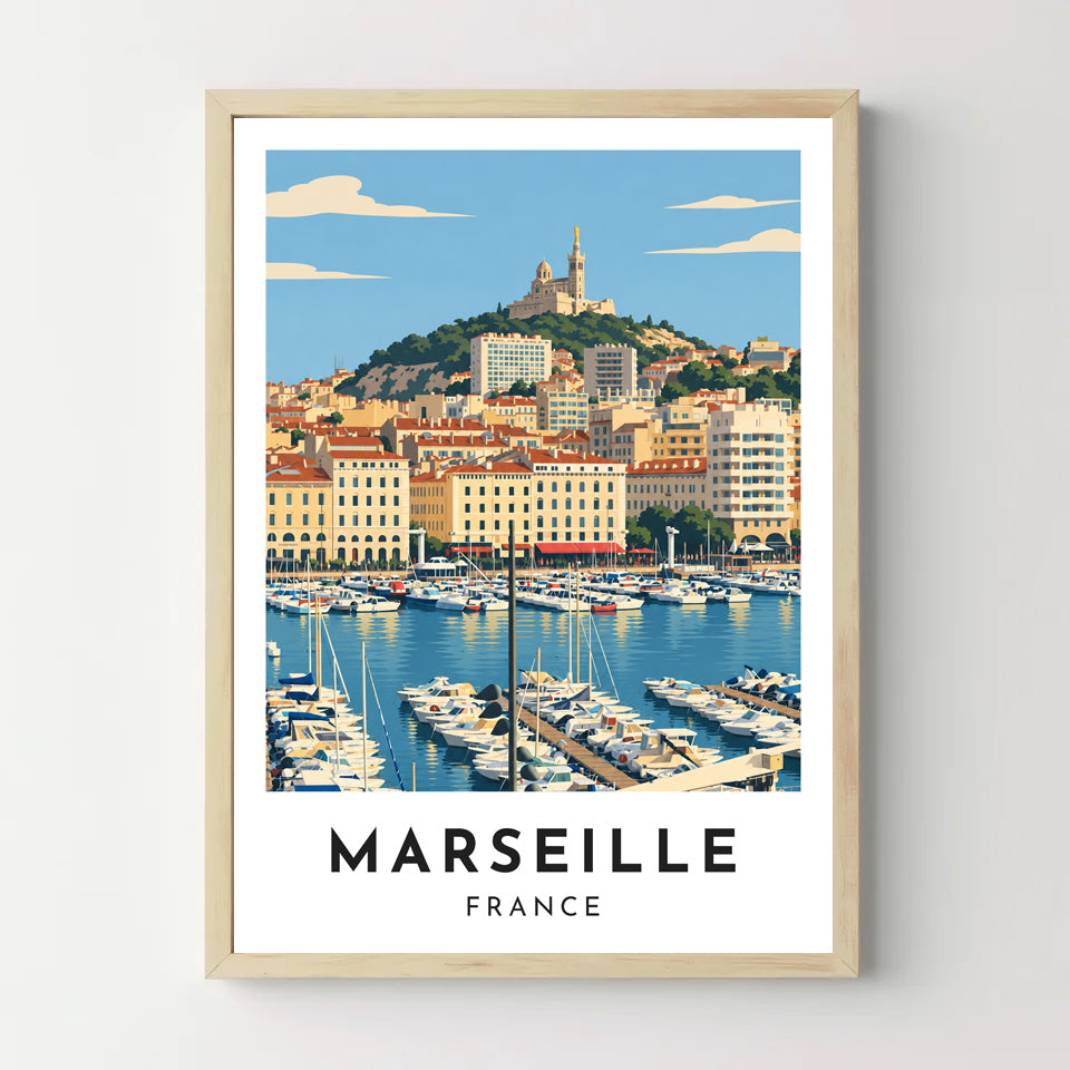 Affiche Marseille – Le Vieux-Port et la Bonne Mère – cadre bois