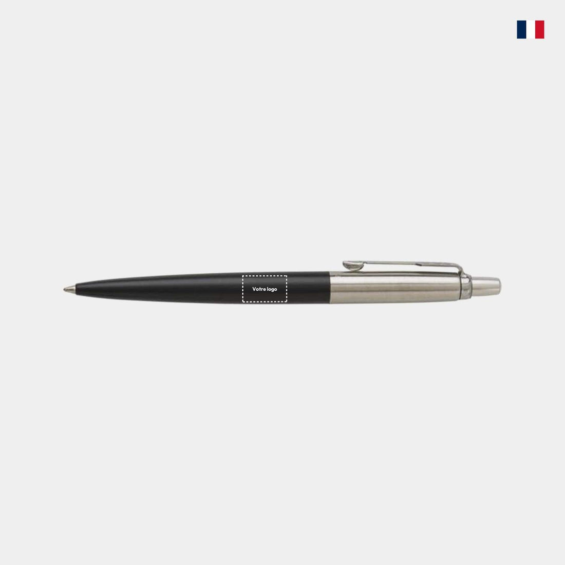 Stylo bille noir et argent personnalisable avec emplacement pour logo, fond clair.