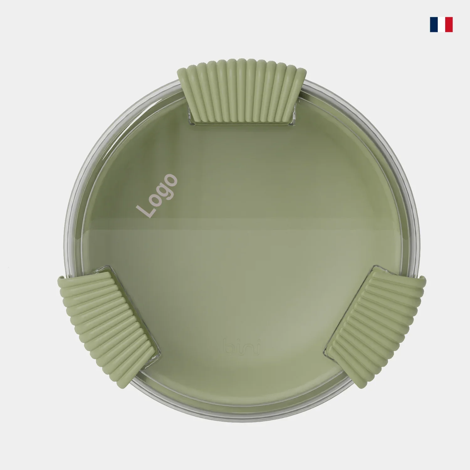 Boîte déjeuner ronde verte olive avec couvercle transparent et coins renforcés, vue du dessus