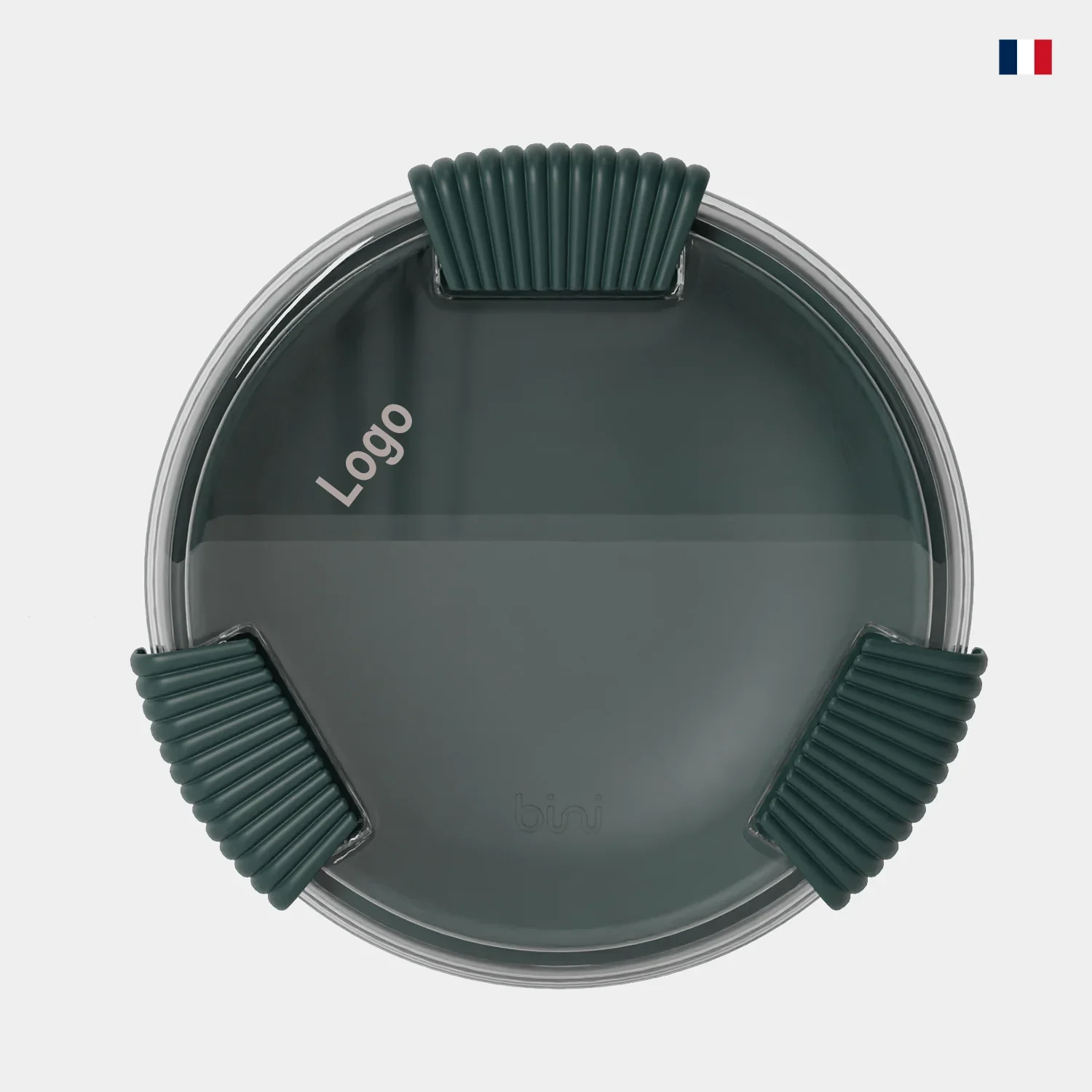 Lunchbox ronde vert foncé avec couvercle hermétique et coins en silicone, vue du dessus.