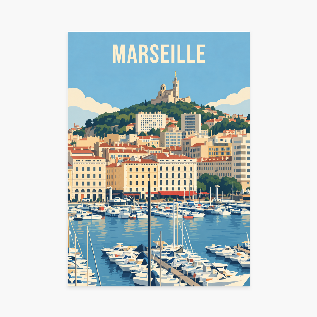 Affiche ville - Marseille, le Vieux-Port et la Bonne Mère – sans cadre