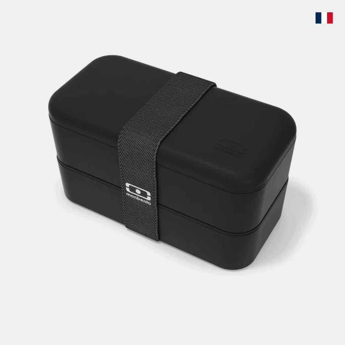 Bento lunch box noire à deux étages avec bande élastique, fond blanc, drapeau français
