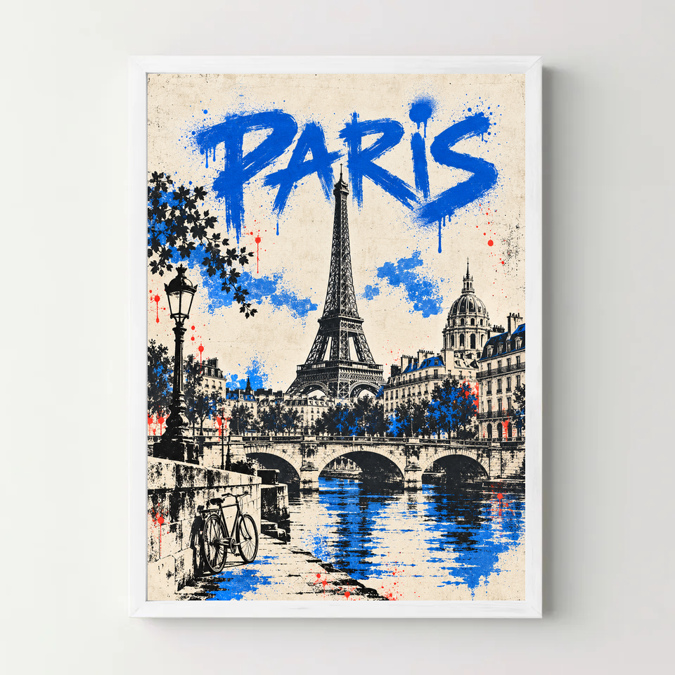 Affiche Paris – Tour Eiffel en street art bleu — cadre blanc