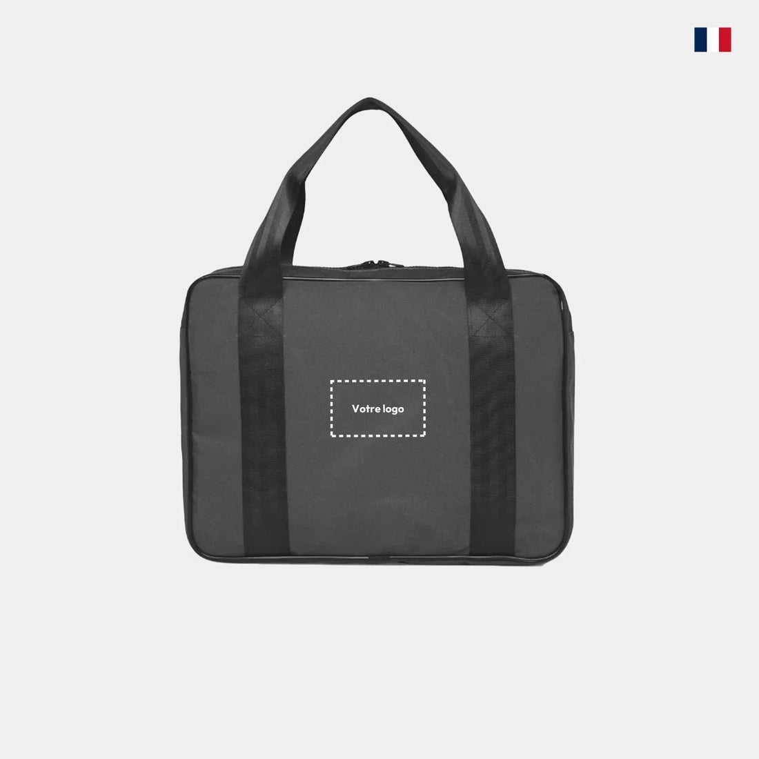 Pochette ordinateur noire à anses personnalisable, fond gris, drapeau français visible