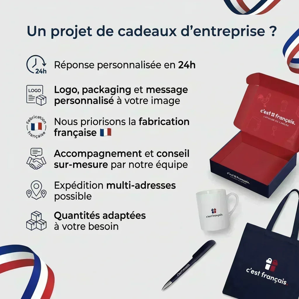 Visuel présentant des cadeaux d’entreprise personnalisés fabriqués en France, avec boîte, mug, tote bag et stylo.