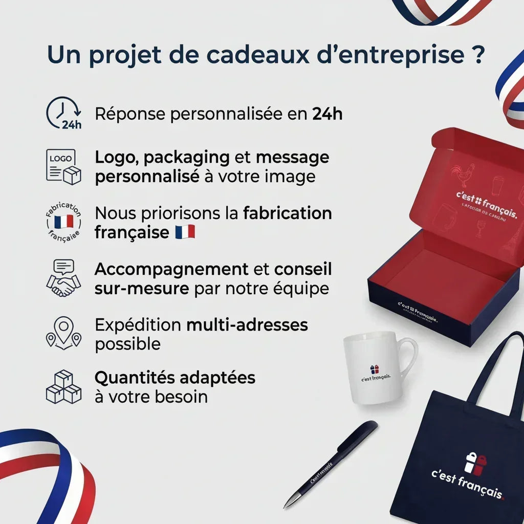 Visuel de services de cadeaux d’entreprise personnalisés, boîte, mug, stylo et tote bag français.