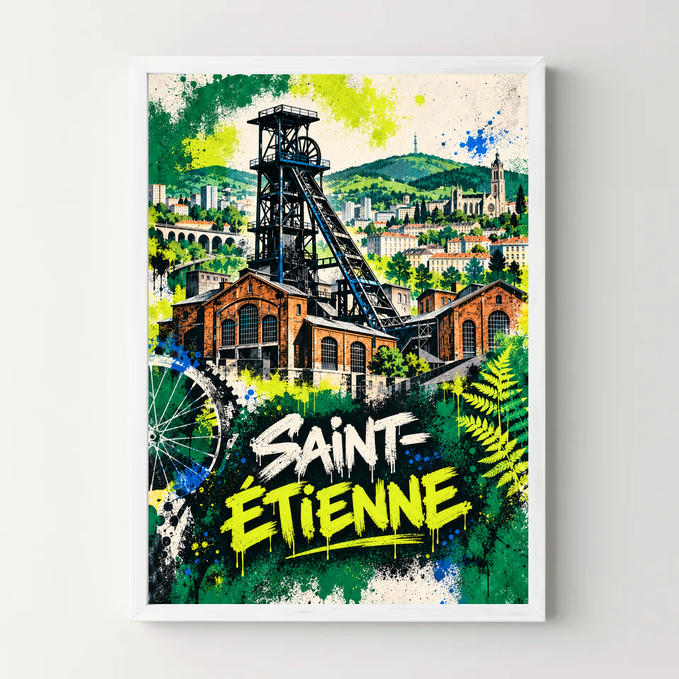 Affiche Saint-Étienne – Esprit industriel en street art — cadre blanc