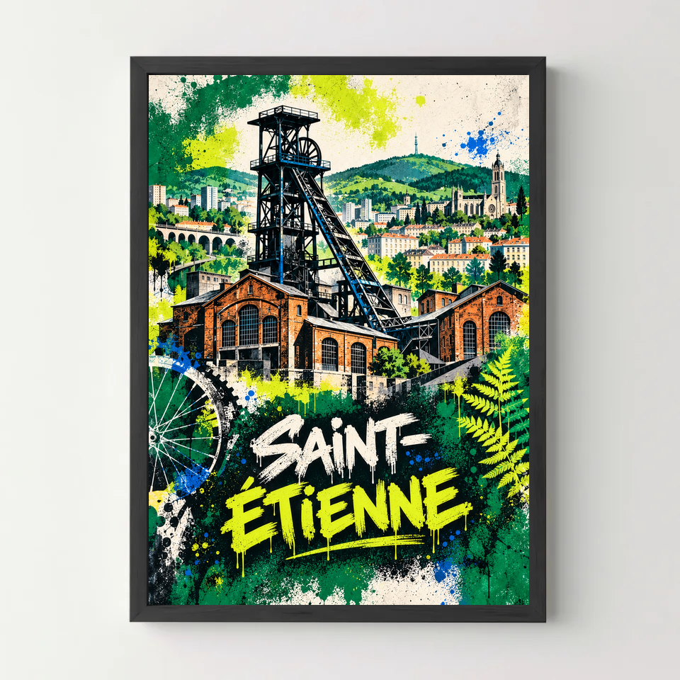 Affiche Saint-Étienne – Esprit industriel en street art — cadre noir
