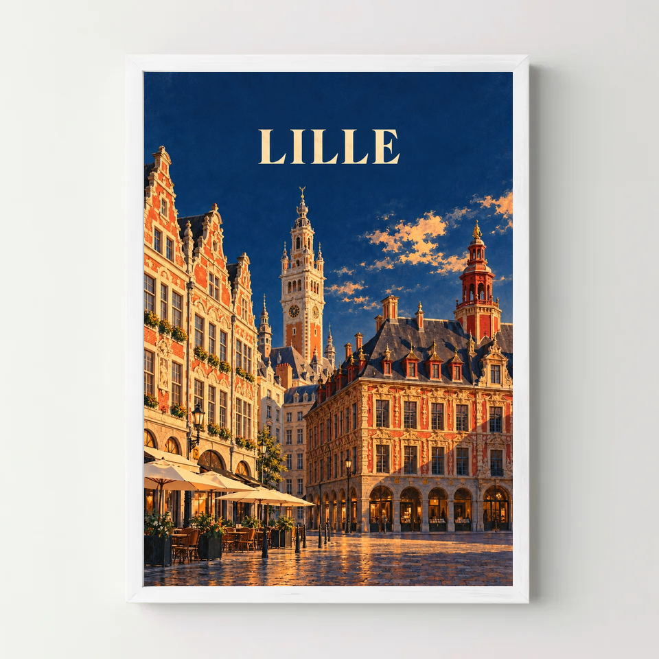 Affiche Lille – Grand-Place au soleil couchant — cadre blanc