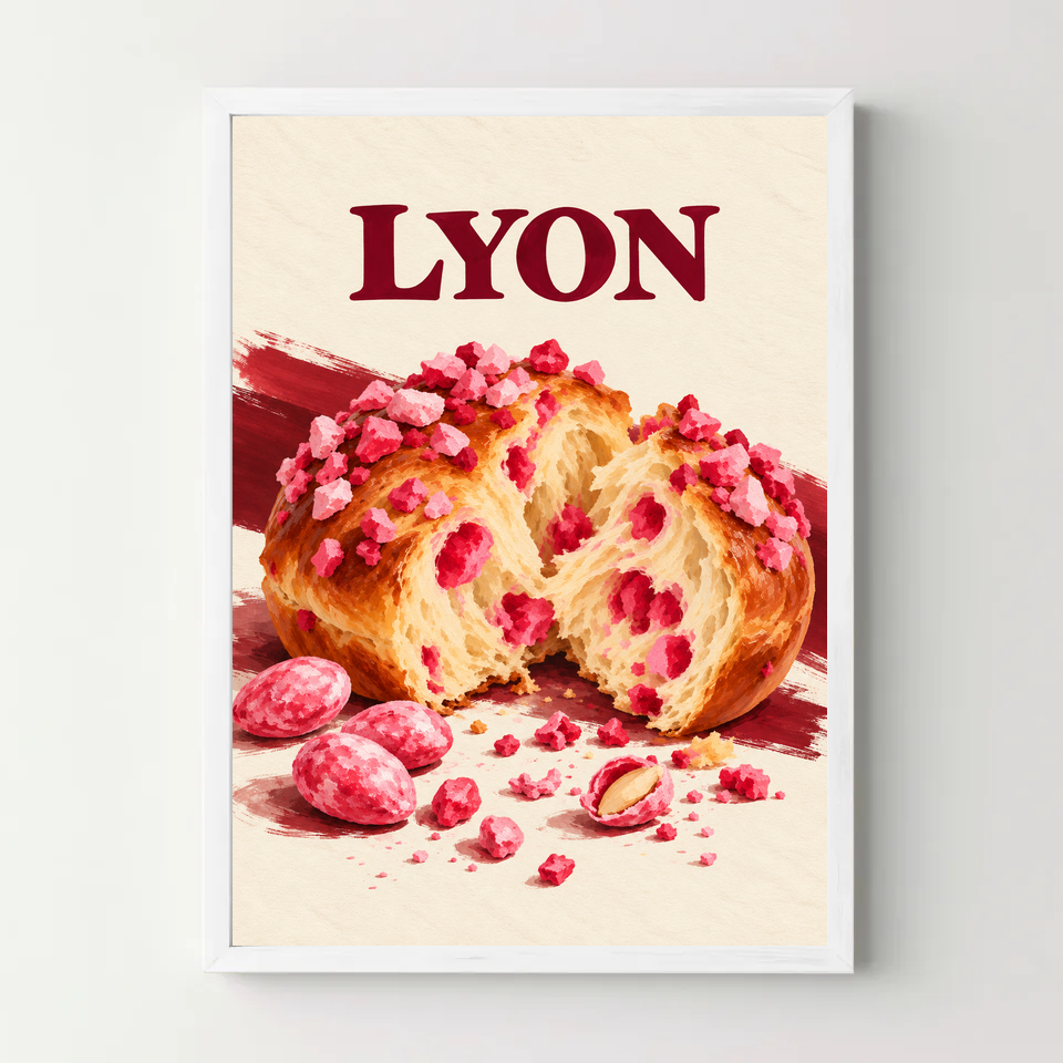 Affiche Lyon – Pralines roses — cadre blanc