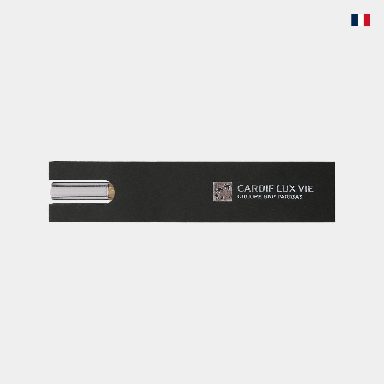 Stylo en bois de chêne avec capuchon métal argenté dans un étui noir élégant.