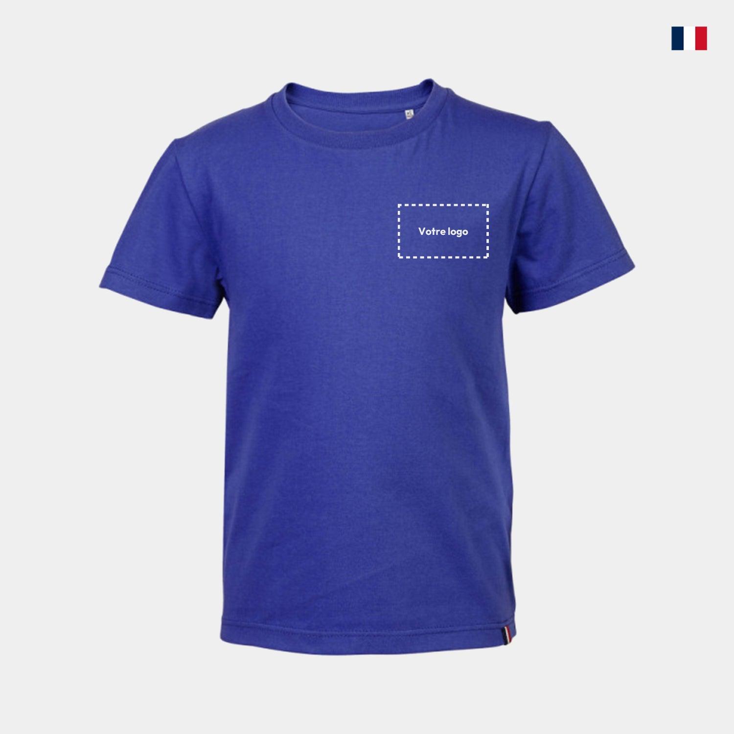 T-shirt enfant bleu personnalisable, coton, avec emplacement pour logo, made in France