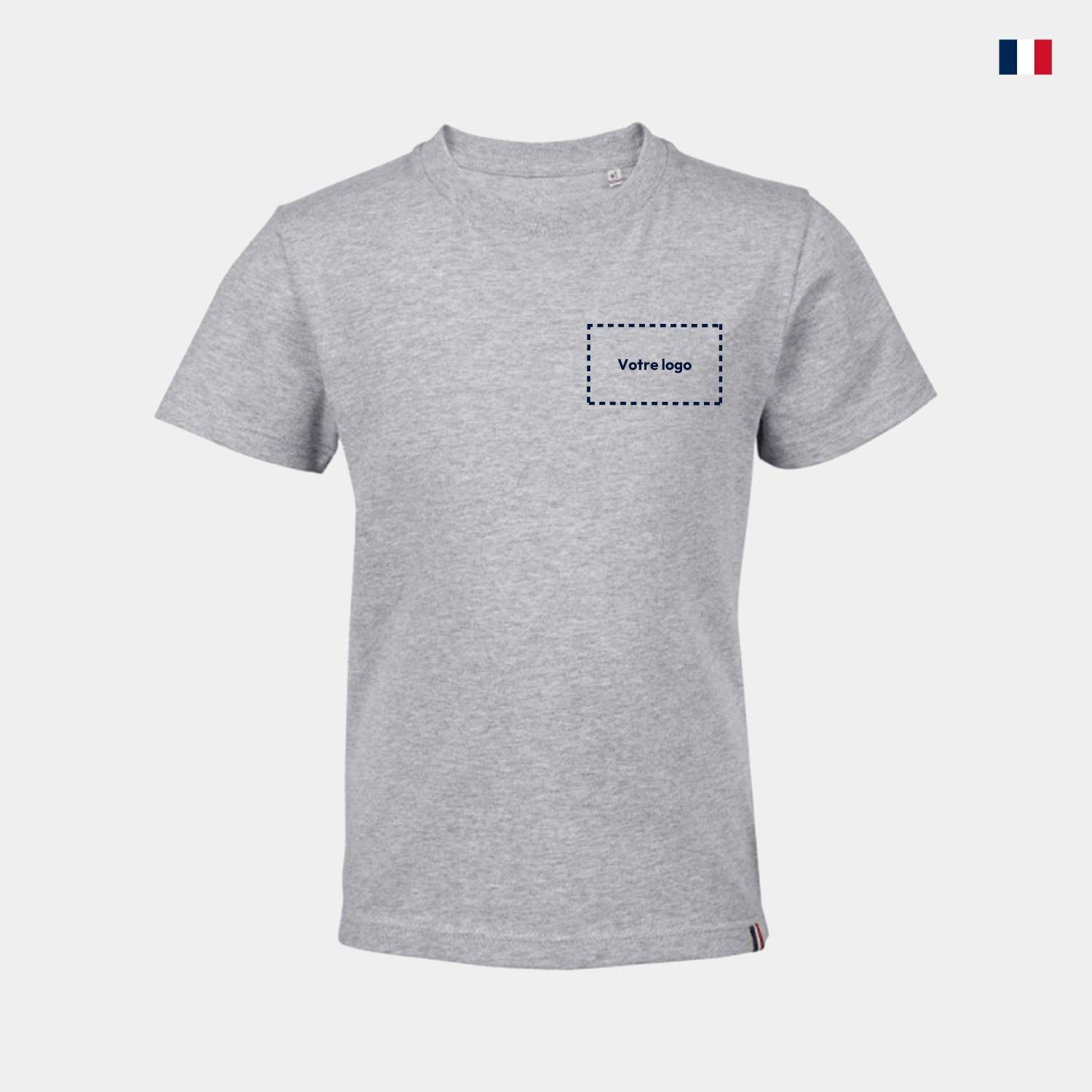 T-shirt enfant gris personnalisable, coton, emplacement logo côté cœur, fabriqué en France.
