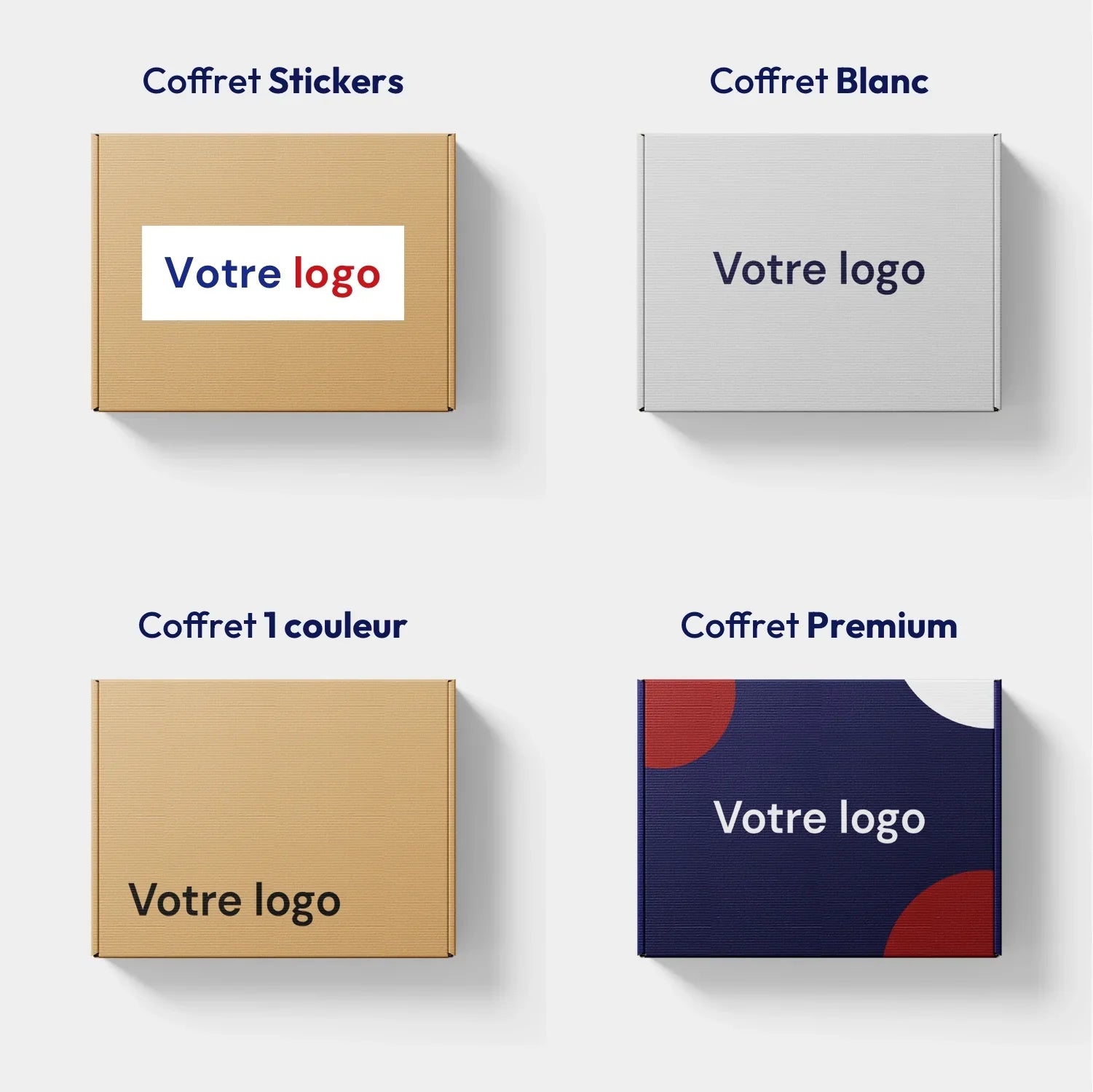 Quatre modèles de coffrets personnalisés, stickers, blanc, 1 couleur et premium, avec espace logo.