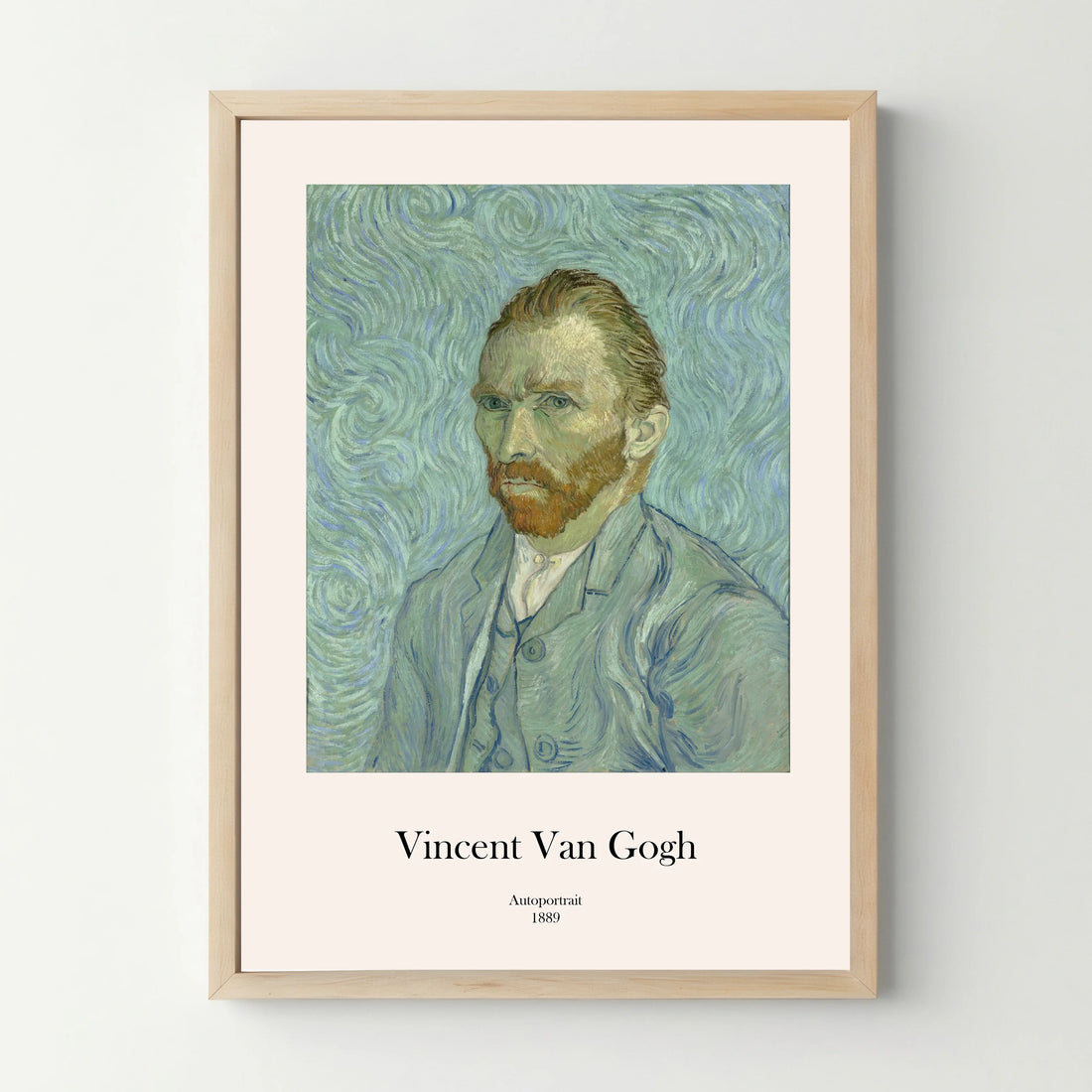 Affiche encadrée autoportrait de Van Gogh 1889, style impressionniste, fond tourbillonnant bleu