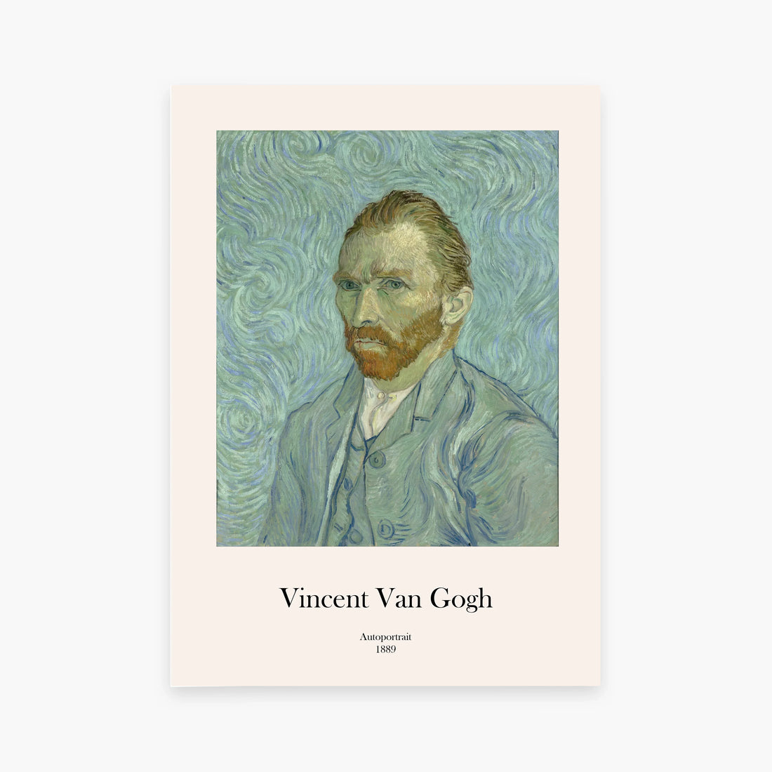 Affiche autoportrait Vincent Van Gogh 1889, style impressionniste, fond tourbillonnant bleu