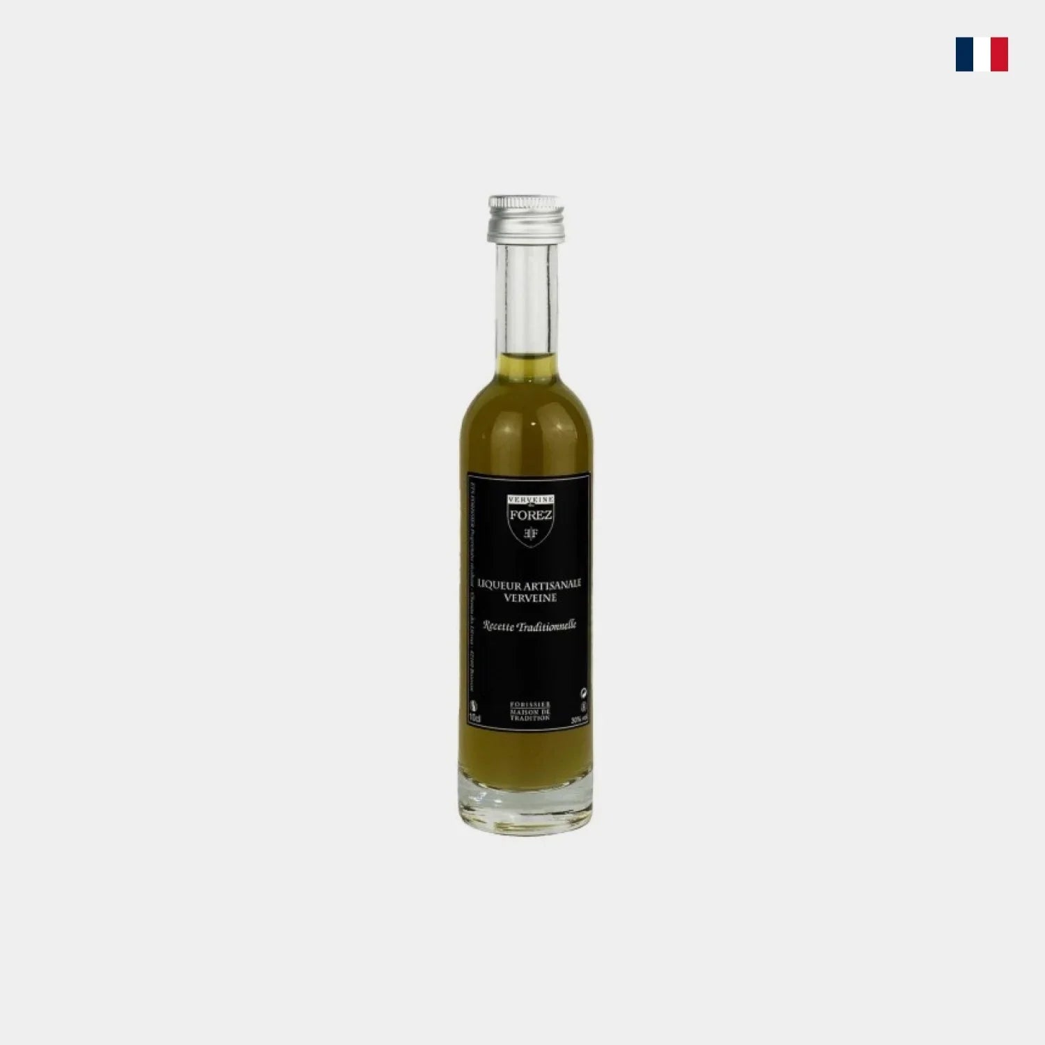 Bouteille de liqueur artisanale verveine, étiquette noire, fond blanc, produit français.