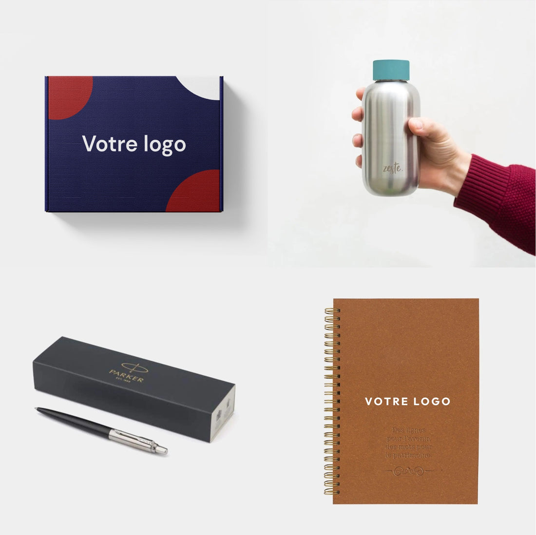 Pack cadeau personnalisé avec boîte logo, gourde inox, stylo Parker et carnet kraft.