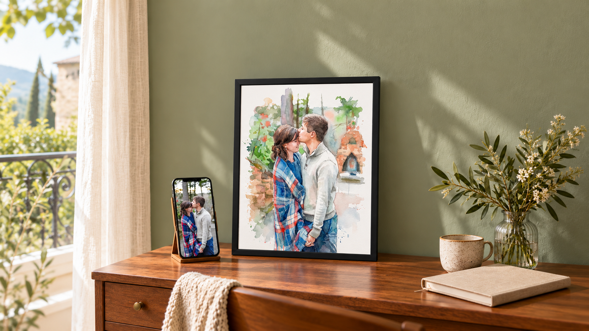 Affiche personnalisée au style aquarelle, à côté du téléphone affichant la photo de couple qui l’a inspirée.