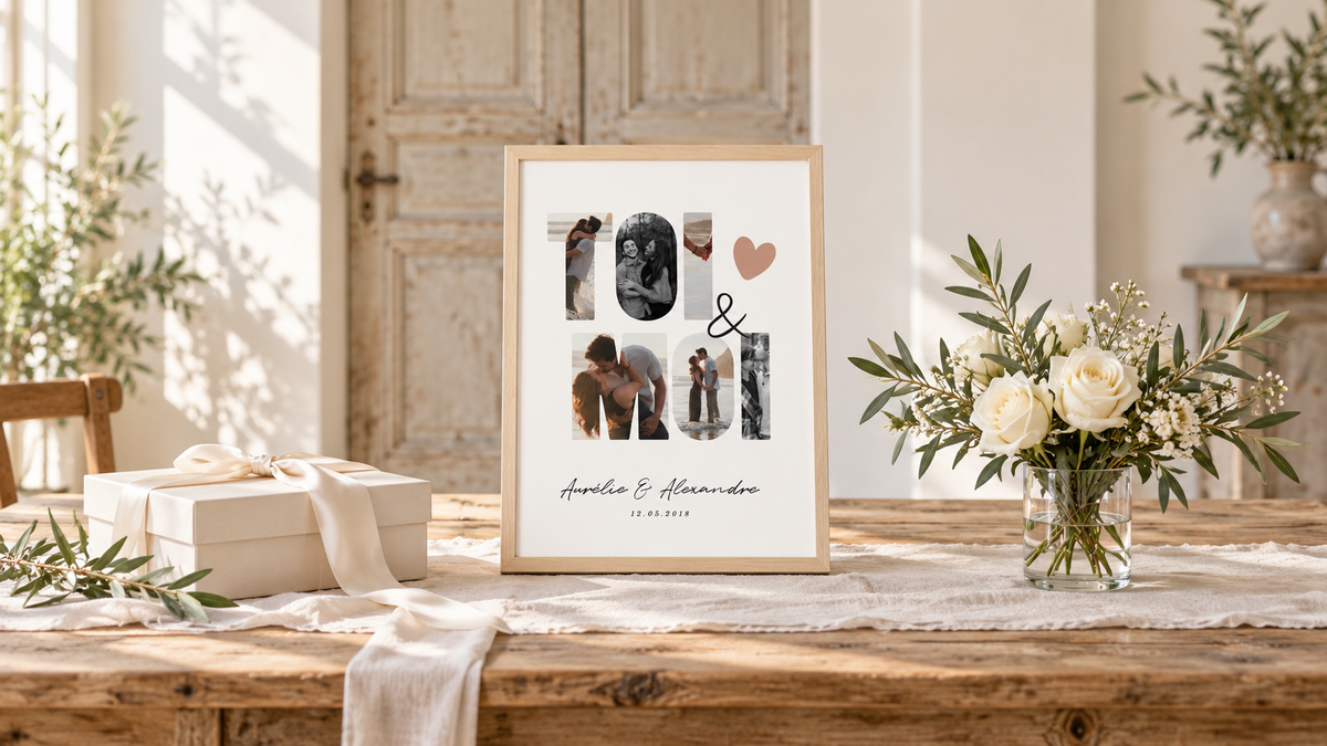 Une affiche Toi et moi encadrée sur une table de mariage, entre une boîte cadeau ivoire et un bouquet de roses blanches.