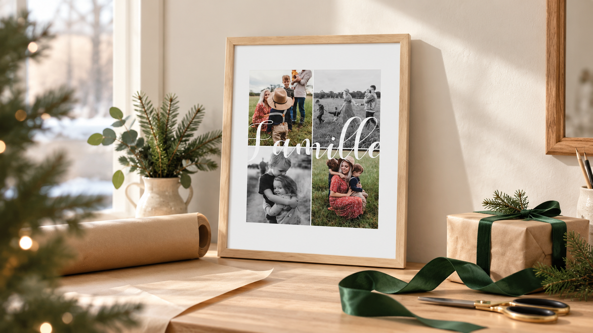 Affiche de famille personnalisée à quatre photos, entourée de papier cadeau, d’un ruban vert et de branches de sapin.
