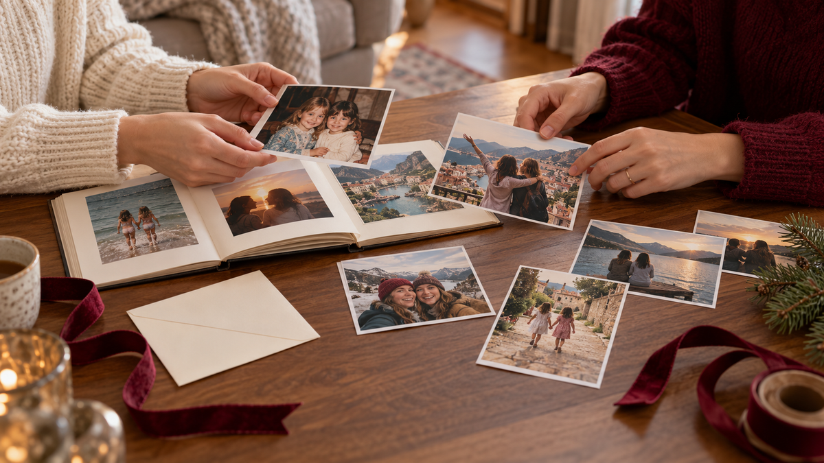 Deux sœurs choisissent des photos d’enfance et de voyage sur une table en bois, avec un album et des rubans de Noël.