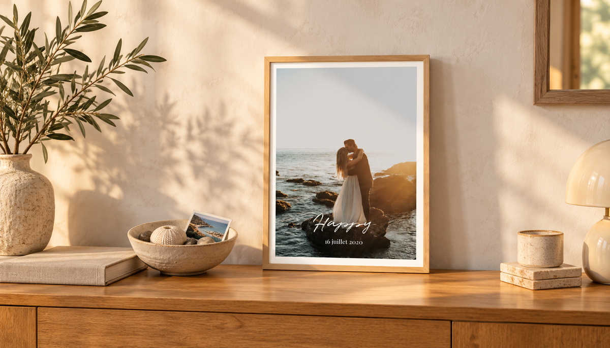 Affiche photo personnalisée d’un couple au bord de la mer, posée sur un buffet en bois dans une lumière chaleureuse.