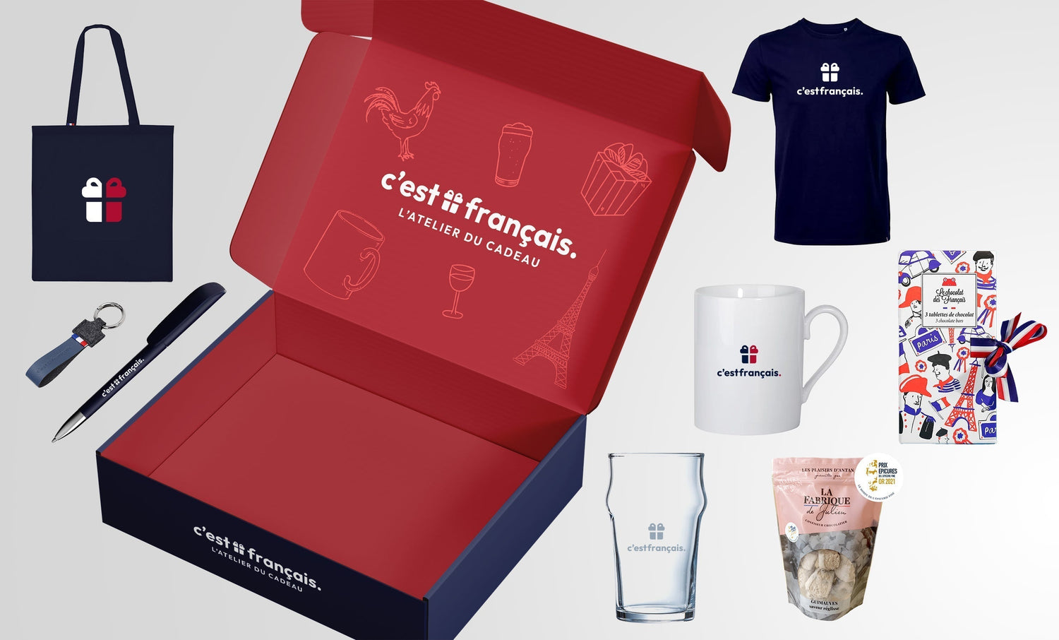 Coffret cadeau entreprise avec tote bag, mug, t-shirt, stylos, biscuits et objets Made in France.