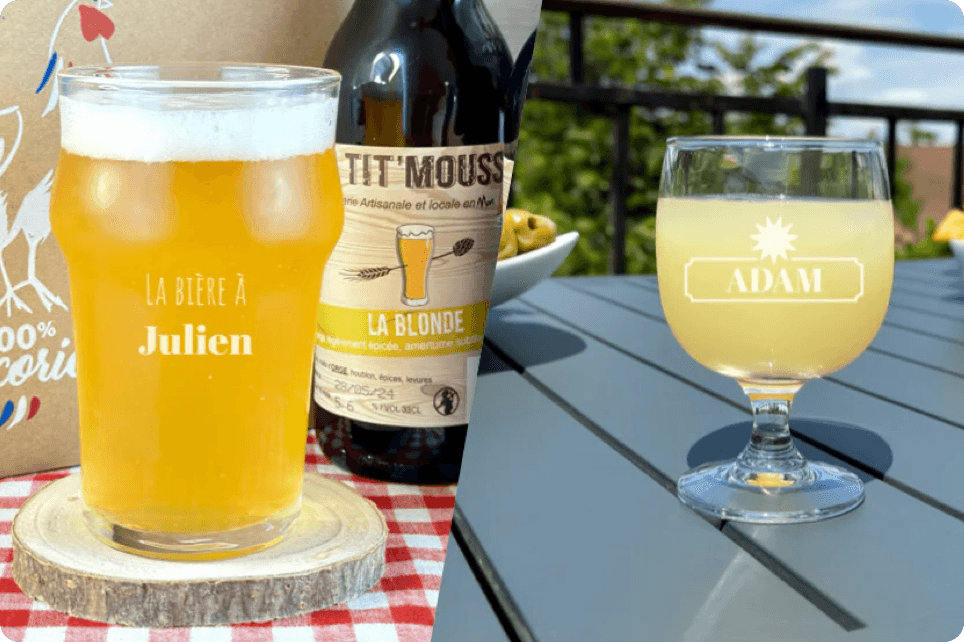 Verres à bière personnalisés avec prénoms, boissons fraîches en terrasse, idée cadeau original