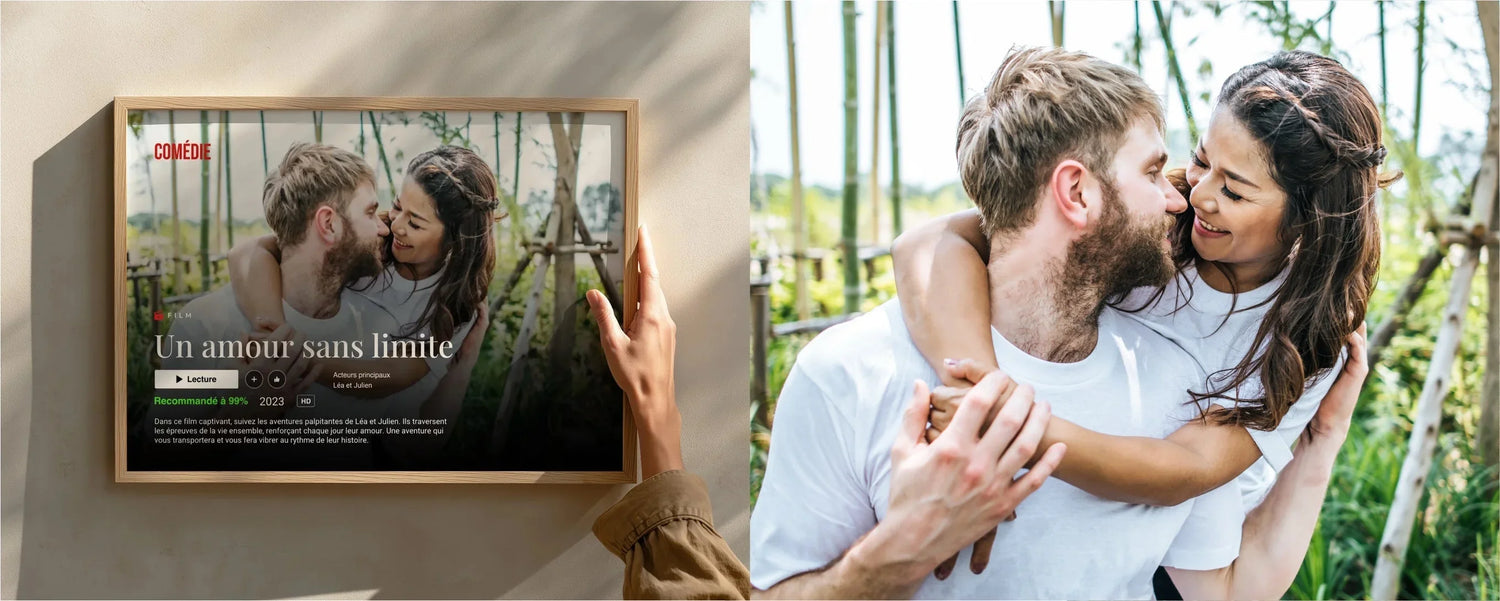 Affiche personnalisée style film, couple amoureux s&