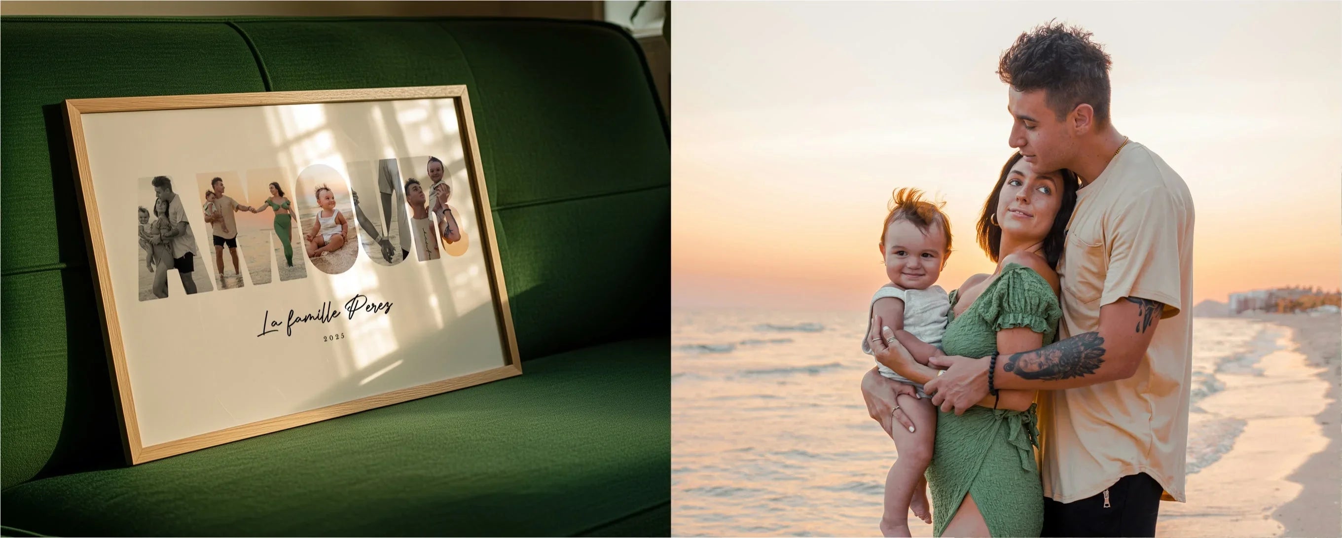 Affiche famille personnalisée avec photos et texte AMOUR, posée sur un canapé vert