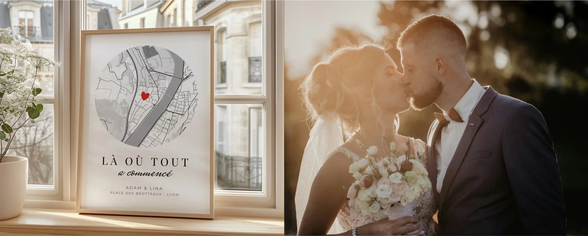 Affiche personnalisée mariage avec carte, cœur rouge et couple de mariés s'embrassant