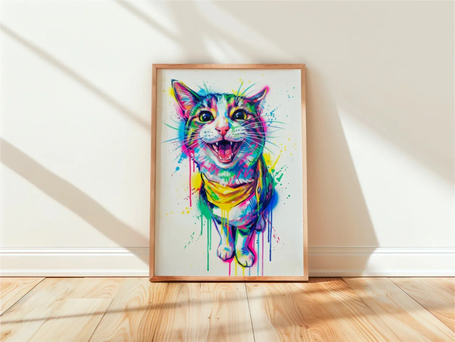 Affiche encadrée illustration chat coloré style pop art posée au sol, lumière naturelle