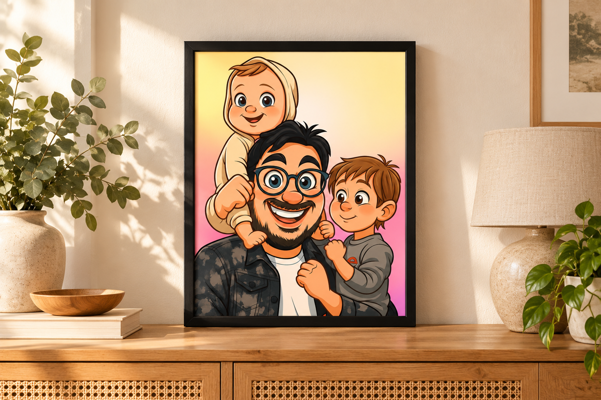 Portrait caricature personnalisé d'un père avec ses enfants, encadré en noir dans un salon chaleureux.
