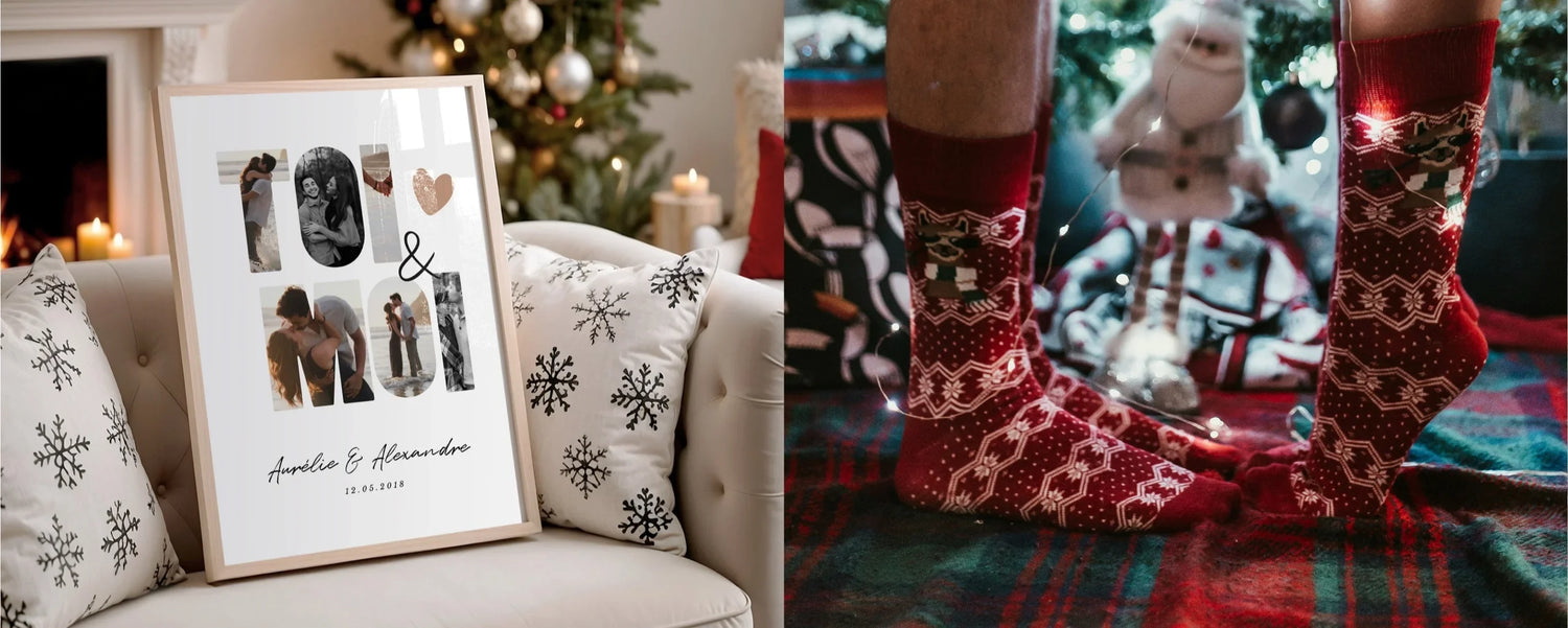 Cadeaux Noël personnalisés, affiche photo couple sur canapé, chaussettes rouges motif renne sous sapin