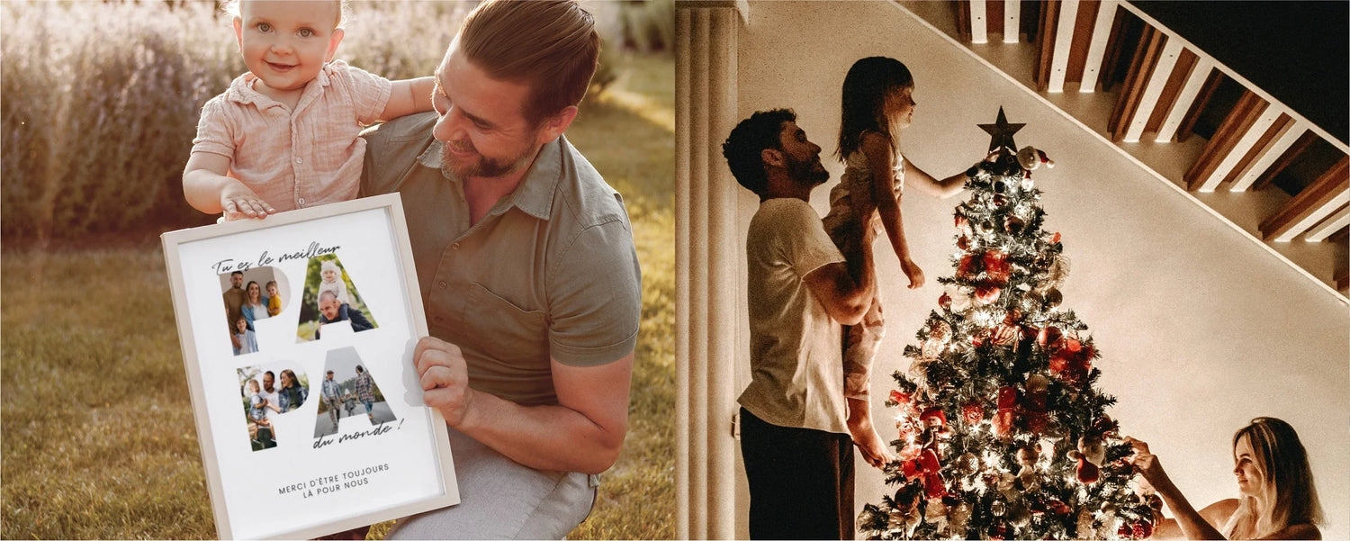 Homme et enfant offrant un cadre photo personnalisé, famille décorant un sapin de Noël lumineux.