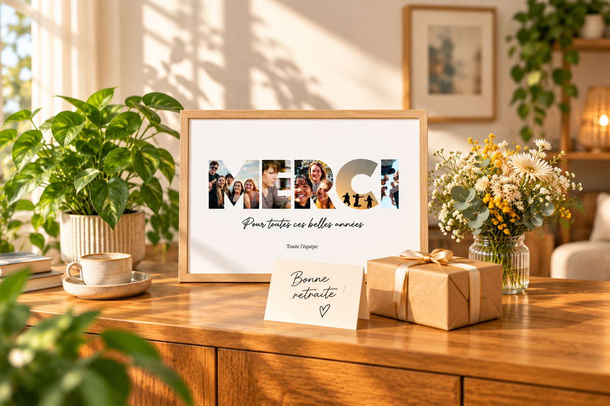 Affiche personnalisée Merci pour toutes ces belles années dans un cadre en bois, avec un cadeau et une carte Bonne retraite.