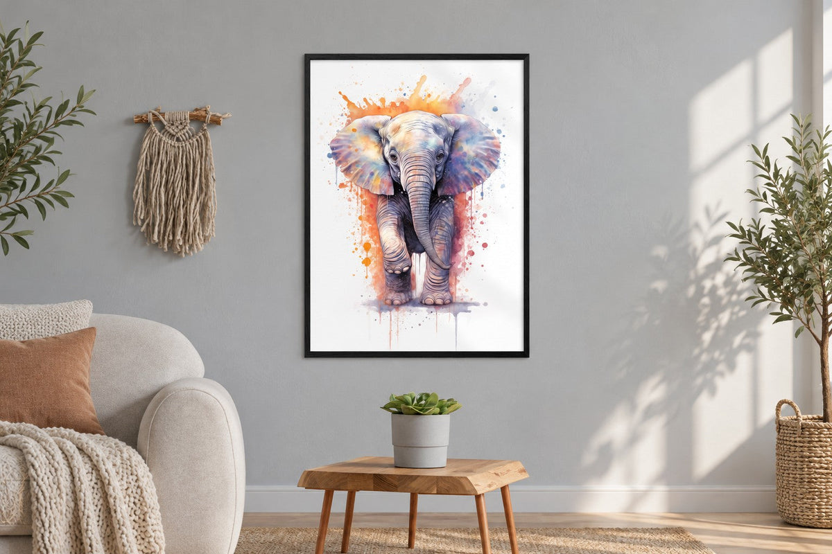 Affiches animaux : chats, chiens et éléphants — affiche encadrée en situation dans un intérieur
