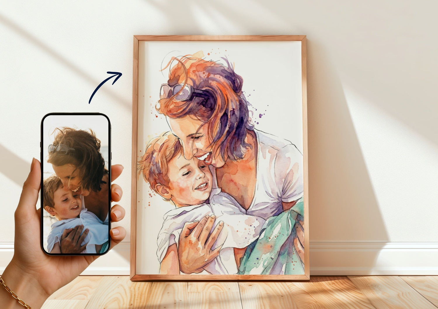 Affiche photo personnalisée famille en cadre bois et moment mère-enfant sur balançoire au jardin