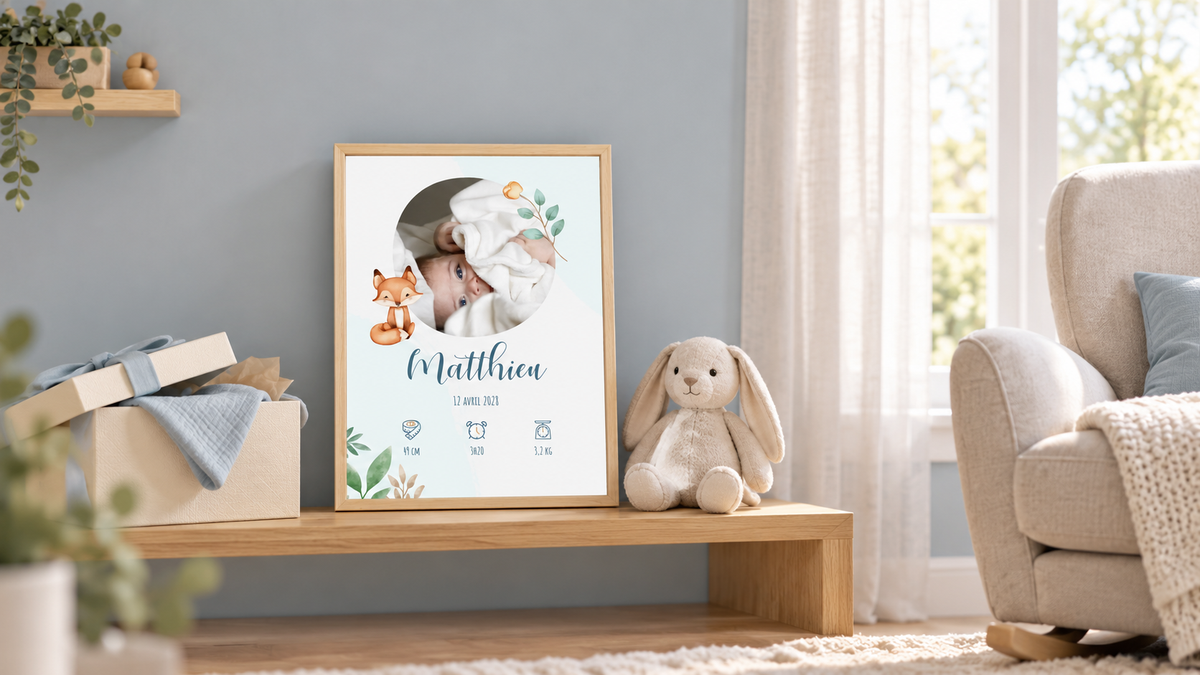 Une affiche de naissance avec portrait de bébé et renard, près d’une boîte cadeau et d’un lapin en tissu dans une chambre douce.