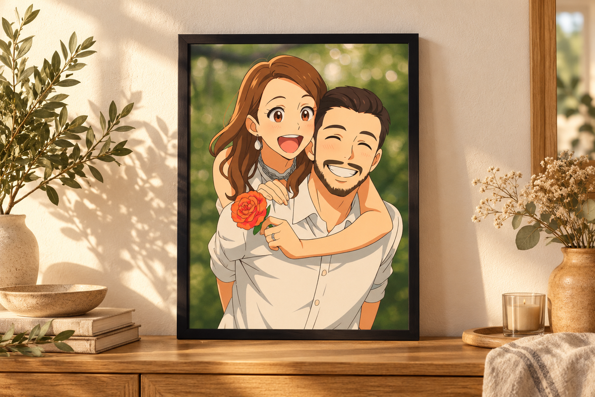 Portrait personnalisé de couple en style manga dans un cadre noir, posé sur un buffet en bois à la lumière naturelle.