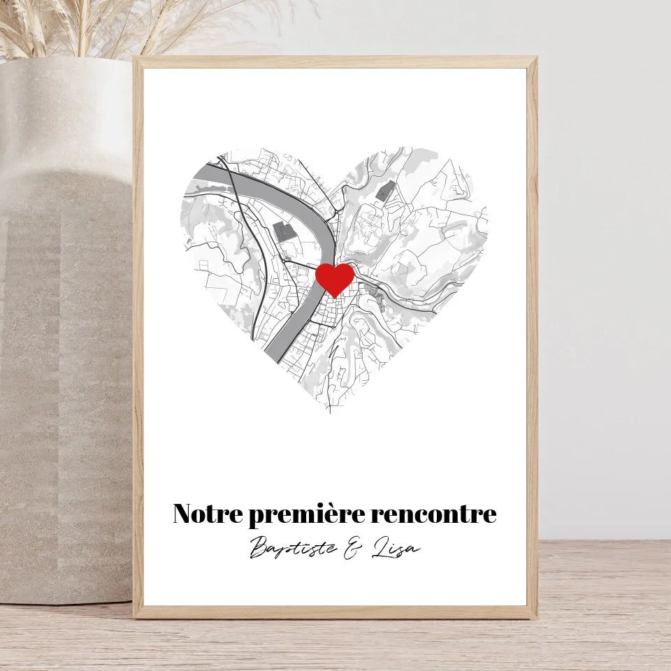 Affiche personnalisée Carte Cœur &quot;Notre première rencontre&quot;